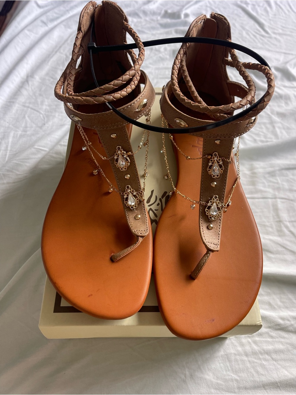 Braided Ankle Wrap Tan T-Strap Sandals with Gold Chain Accents